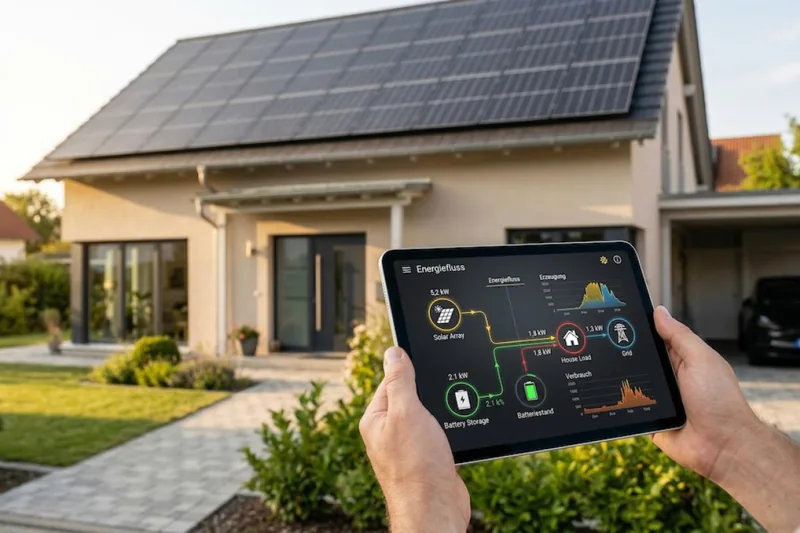 Tablet për monitorim energjie pranë një shtëpie me panele, pamje ilustruese